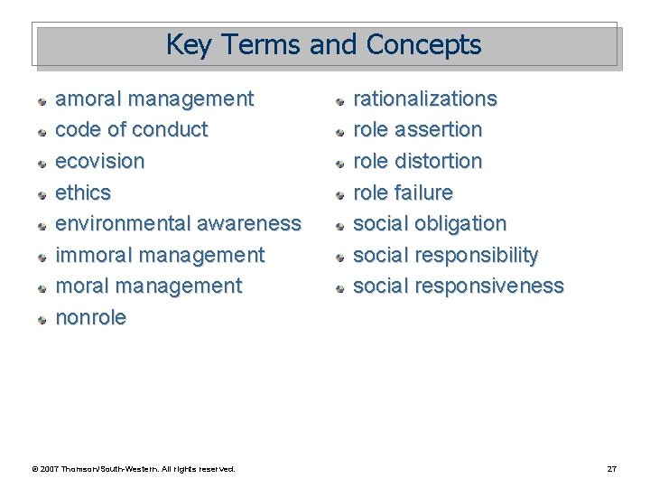 Key Terms and Concepts amoral management code of conduct ecovision ethics environmental awareness immoral