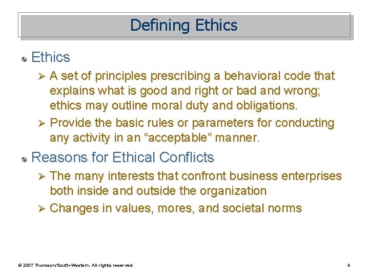 Defining Ethics A set of principles prescribing a behavioral code that explains what is