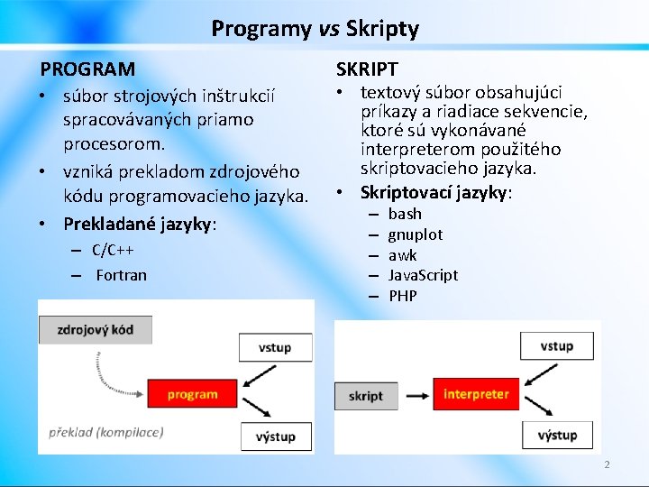 Programy vs Skripty PROGRAM • súbor strojových inštrukcií spracovávaných priamo procesorom. • vzniká prekladom