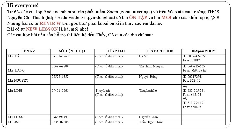 Hi everyone! Từ 6/4 các em lớp 9 sẽ học bài mới trên phần