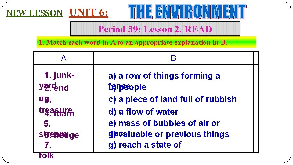 NEW LESSON UNIT 6: Period 39: Lesson 2. READ 1. Match each word in