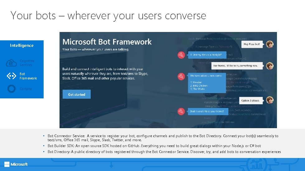Your bots – wherever your users converse Intelligence Cognitive Services Bot Framework Cortana •