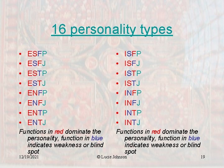 16 personality types • • • • ESFP ESFJ ESTP ESTJ ENFP ENFJ ENTP