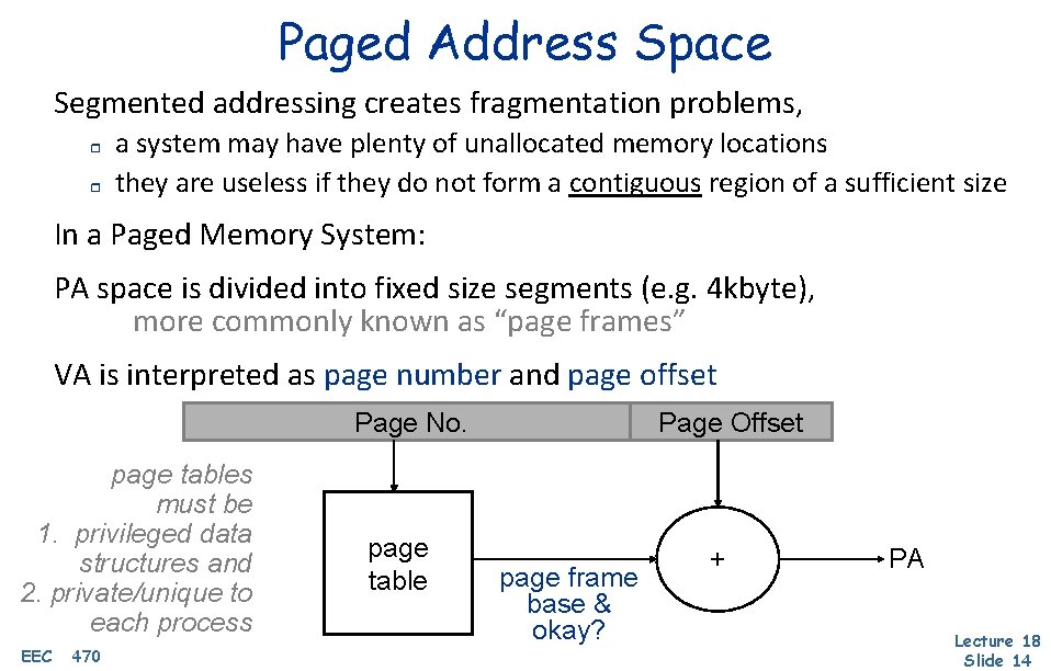 Paged Address Space Segmented addressing creates fragmentation problems, r r a system may have