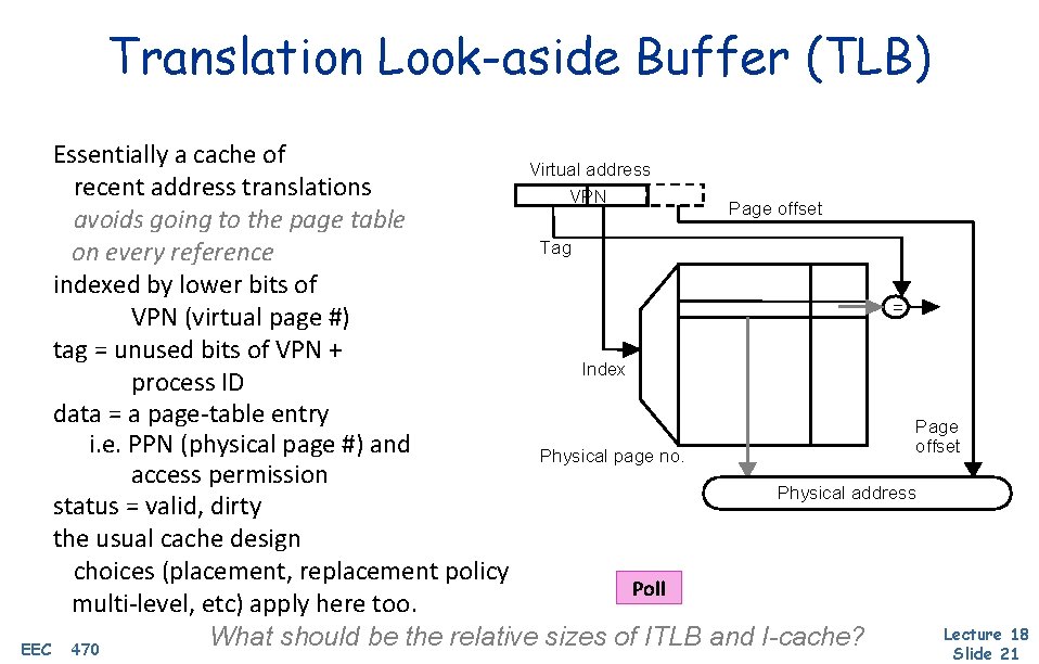 Translation Look-aside Buffer (TLB) Essentially a cache of Virtual address recent address translations VPN