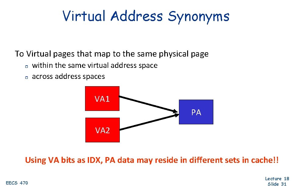 Virtual Address Synonyms To Virtual pages that map to the same physical page r