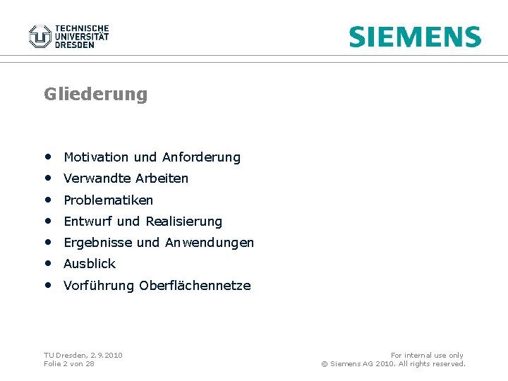 Gliederung • • Motivation und Anforderung Verwandte Arbeiten Problematiken Entwurf und Realisierung Ergebnisse und