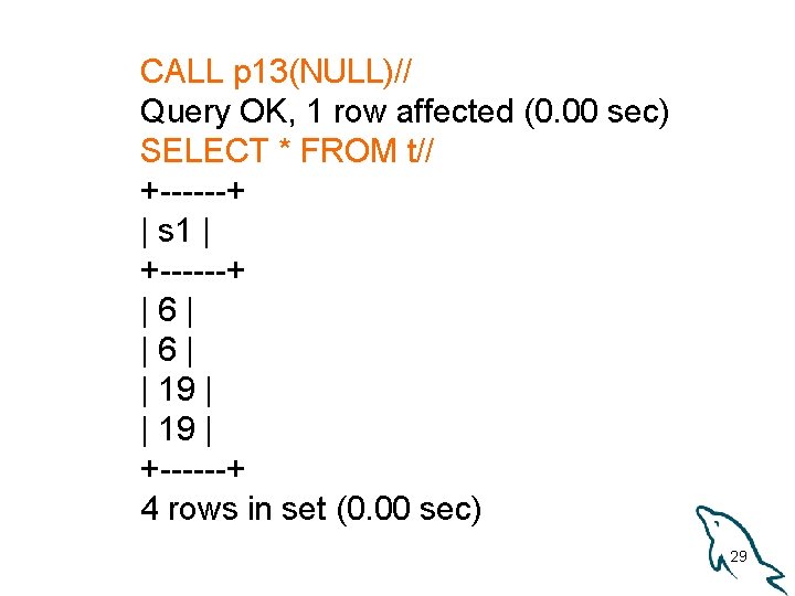 CALL p 13(NULL)// Query OK, 1 row affected (0. 00 sec) SELECT * FROM