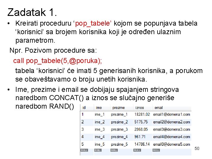 Zadatak 1. • Kreirati proceduru ‘pop_tabele’ kojom se popunjava tabela ‘korisnici’ sa brojem korisnika Zadatak 1. • Kreirati proceduru ‘pop_tabele’ kojom se popunjava tabela ‘korisnici’ sa brojem korisnika