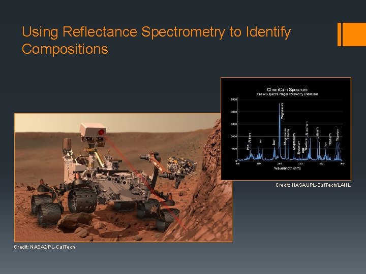 Using Reflectance Spectrometry to Identify Compositions Credit: NASA/JPL-Cal. Tech/LANL Credit: NASA/JPL-Cal. Tech 