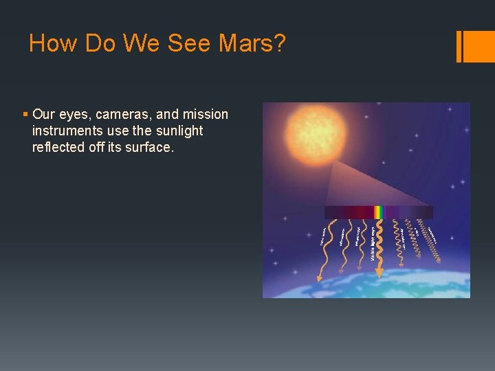 How Do We See Mars? § Our eyes, cameras, and mission instruments use the