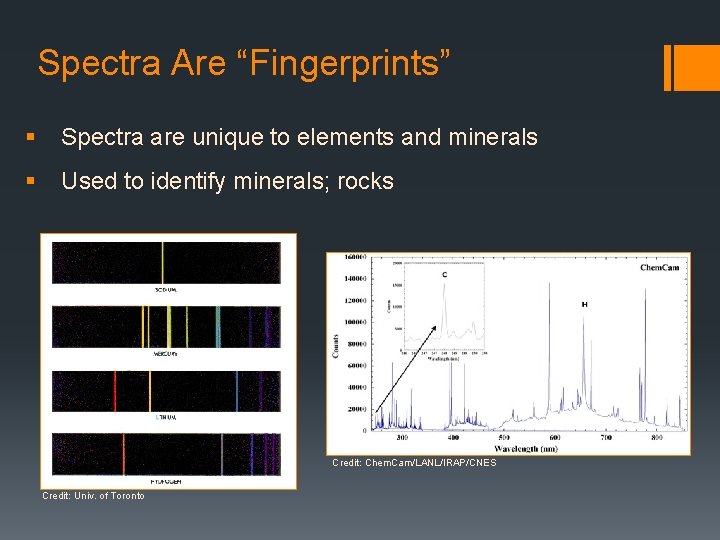 Spectra Are “Fingerprints” § Spectra are unique to elements and minerals § Used to