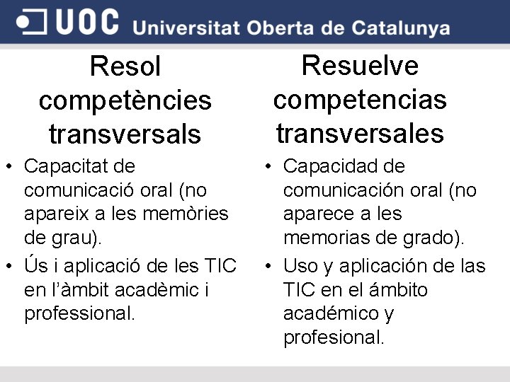 Resol competències transversals • Capacitat de comunicació oral (no apareix a les memòries de