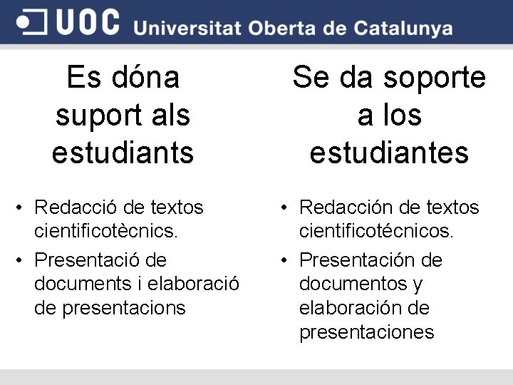 Es dóna suport als estudiants • Redacció de textos cientificotècnics. • Presentació de documents