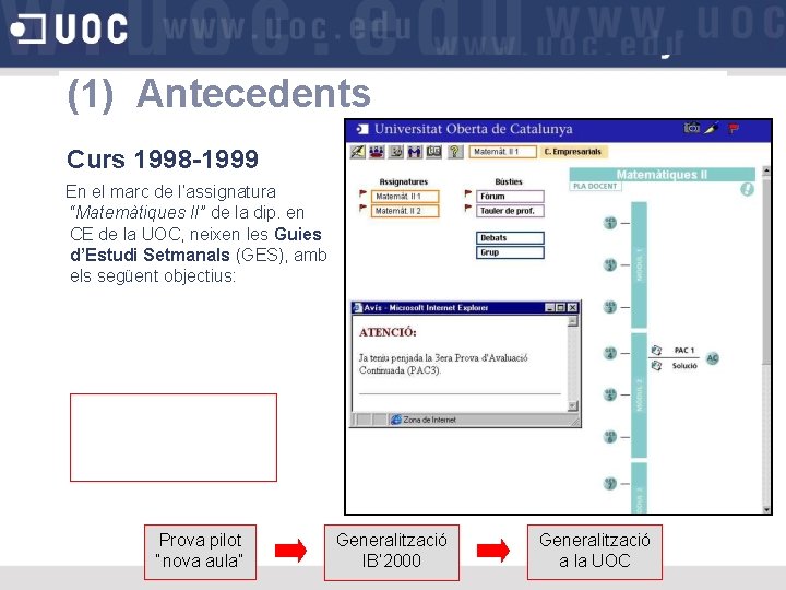 (1) Antecedents Curs 1998 -1999 En el marc de l’assignatura “Matemàtiques II” de la