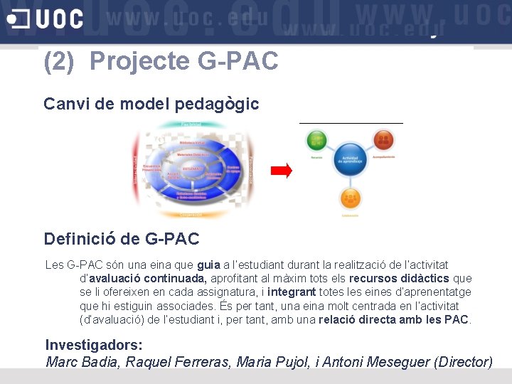 (2) Projecte G-PAC Canvi de model pedagògic Definició de G-PAC Les G-PAC són una