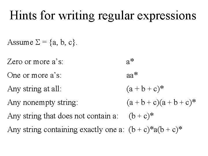 Hints for writing regular expressions Assume = {a, b, c}. Zero or more a’s: