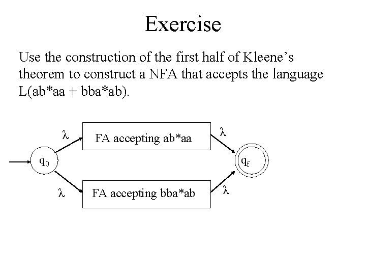 Exercise Use the construction of the first half of Kleene’s theorem to construct a