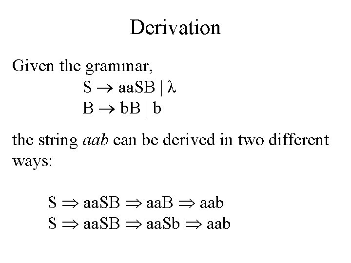 Derivation Given the grammar, S aa. SB | λ B b. B | b