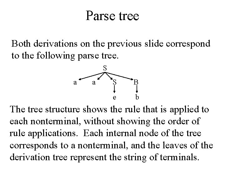 Parse tree Both derivations on the previous slide correspond to the following parse tree.