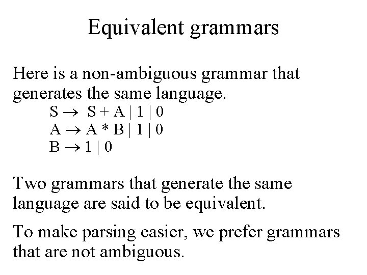 Equivalent grammars Here is a non-ambiguous grammar that generates the same language. S S+A|1|0