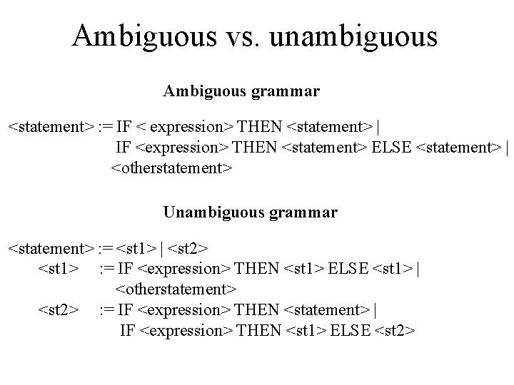 Ambiguous vs. unambiguous Ambiguous grammar <statement> : = IF < expression> THEN <statement> |