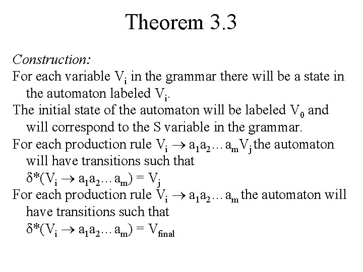 Theorem 3. 3 Construction: For each variable Vi in the grammar there will be