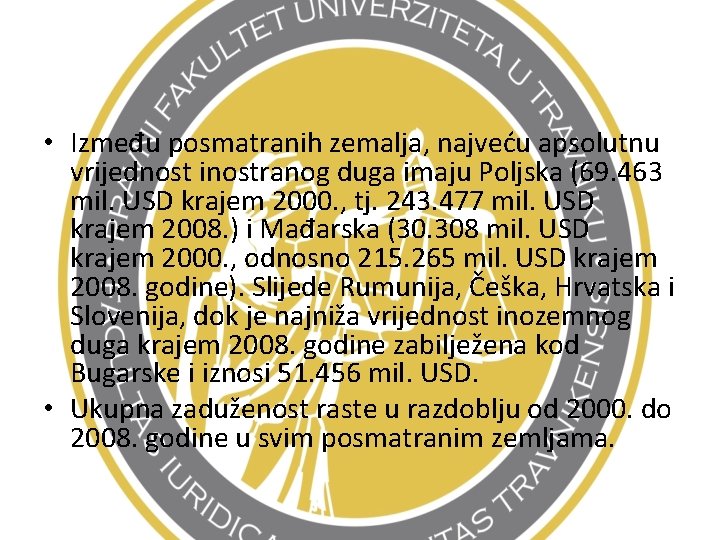  • Između posmatranih zemalja, najveću apsolutnu vrijednost inostranog duga imaju Poljska (69. 463