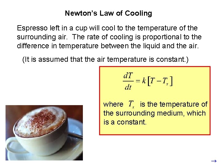 Newton’s Law of Cooling Espresso left in a cup will cool to the temperature