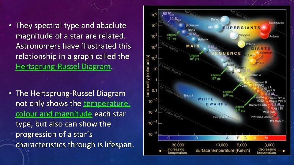  • They spectral type and absolute magnitude of a star are related. Astronomers