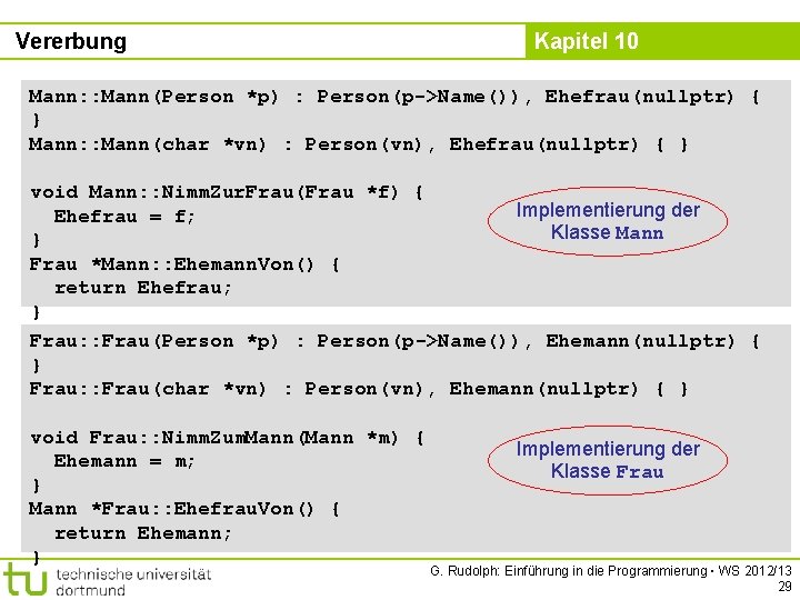 Vererbung Kapitel 10 Mann: : Mann(Person *p) : Person(p->Name()), Ehefrau(nullptr) { } Mann: :