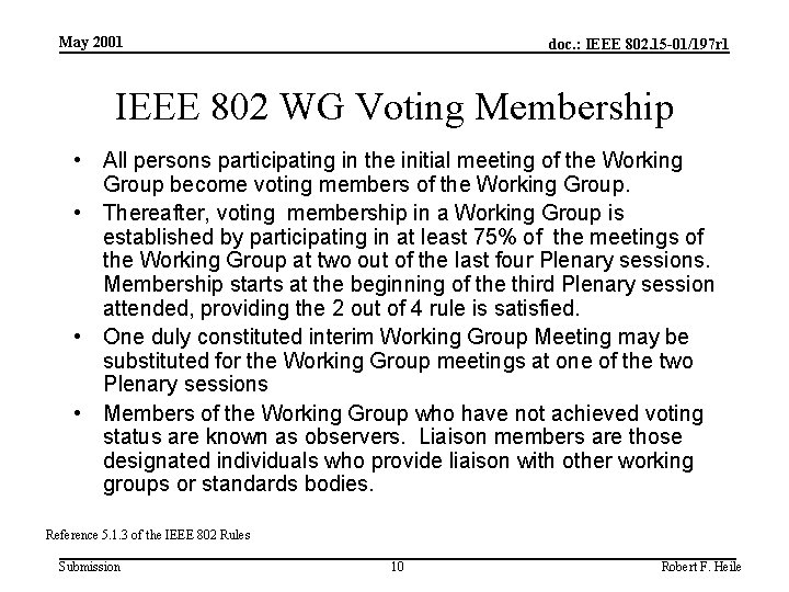 May 2001 doc. : IEEE 802. 15 -01/197 r 1 IEEE 802 WG Voting