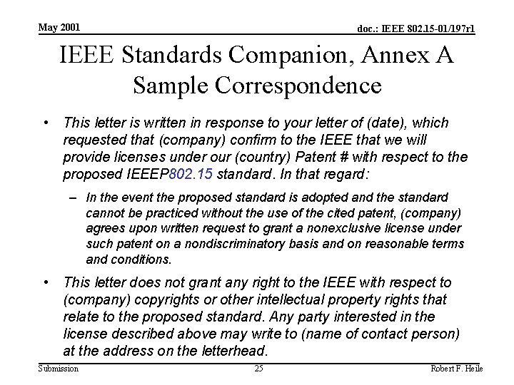 May 2001 doc. : IEEE 802. 15 -01/197 r 1 IEEE Standards Companion, Annex