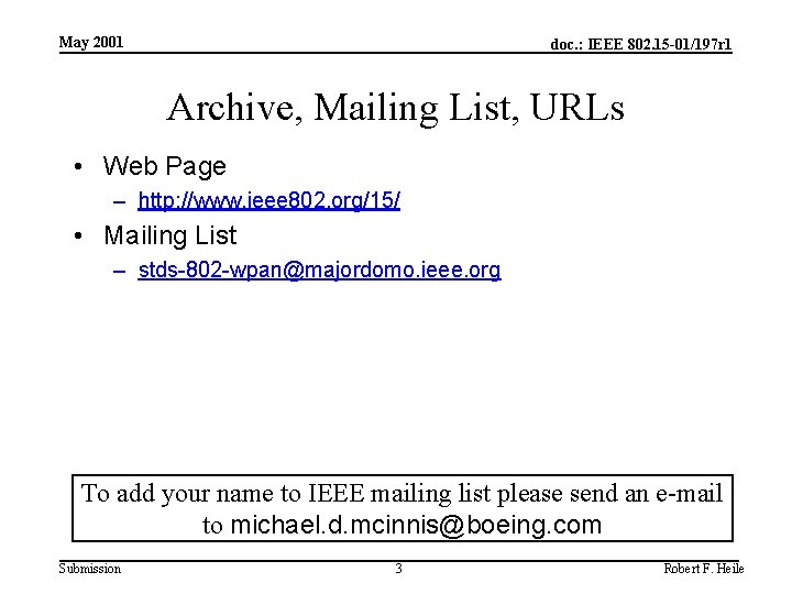 May 2001 doc. : IEEE 802. 15 -01/197 r 1 Archive, Mailing List, URLs