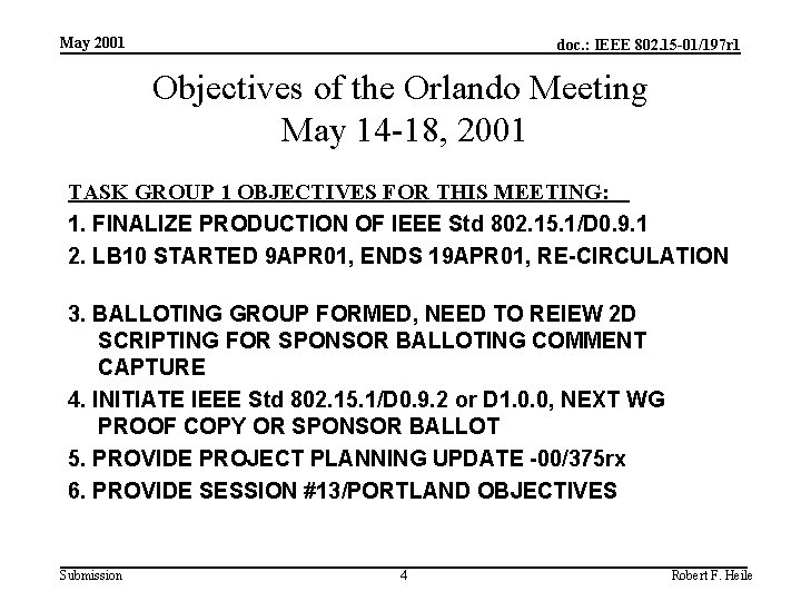 May 2001 doc. : IEEE 802. 15 -01/197 r 1 Objectives of the Orlando