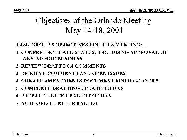 May 2001 doc. : IEEE 802. 15 -01/197 r 1 Objectives of the Orlando