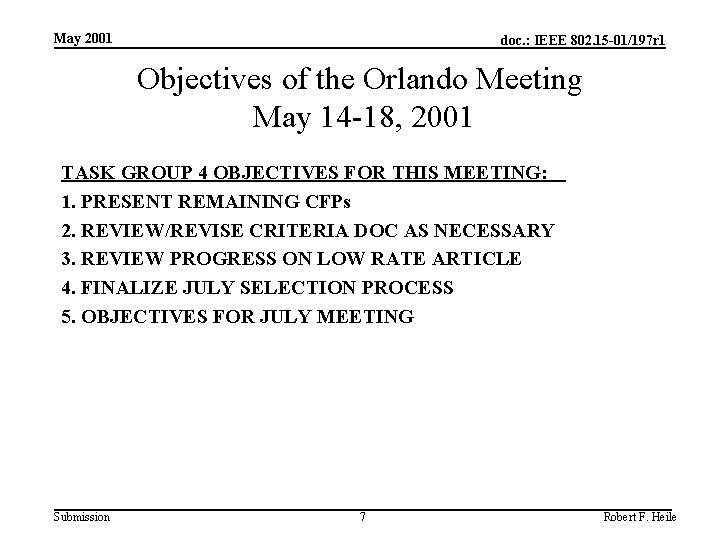 May 2001 doc. : IEEE 802. 15 -01/197 r 1 Objectives of the Orlando