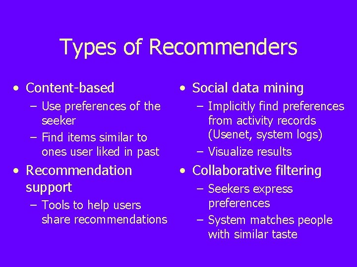 Types of Recommenders • Content-based – Use preferences of the seeker – Find items