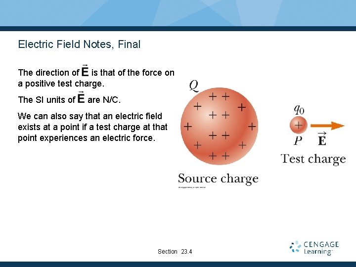 Electric Field Notes, Final The direction of is that of the force on a