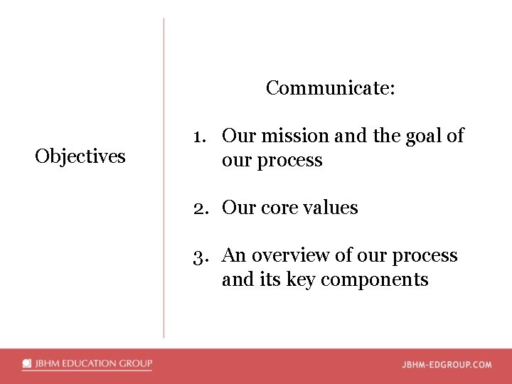 Communicate: Objectives 1. Our mission and the goal of our process 2. Our core