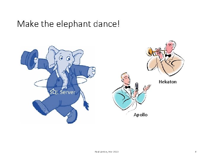 Make the elephant dance! Hekaton SQL Server Apollo Paul Larson, Nov 2013 6 
