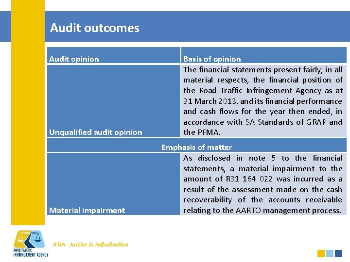 Audit outcomes Audit opinion Unqualified audit opinion Material impairment RTIA - Justice in Adjudication
