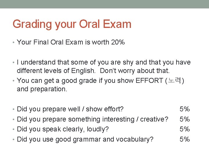 Grading your Oral Exam • Your Final Oral Exam is worth 20% • I