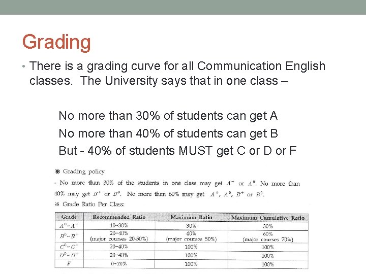 Grading • There is a grading curve for all Communication English classes. The University