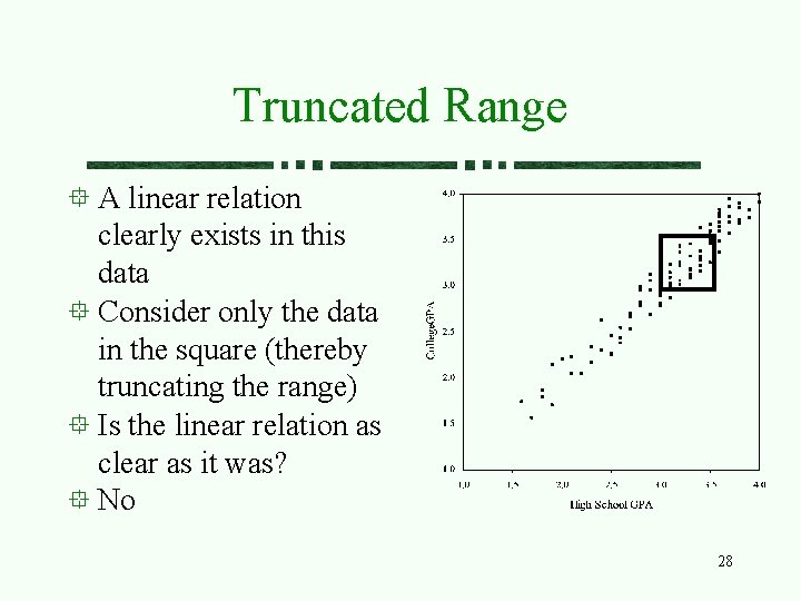 Truncated Range A linear relation clearly exists in this data Consider only the data