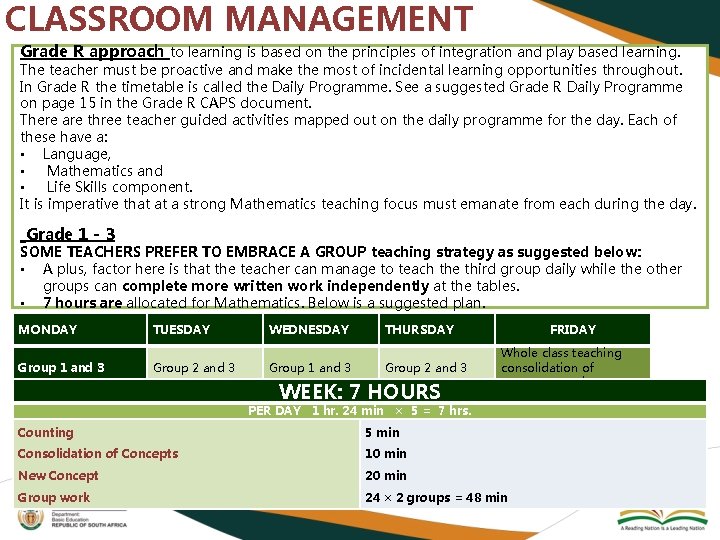 CLASSROOM MANAGEMENT Grade R approach to learning is based on the principles of integration