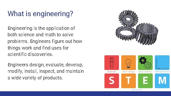 What is engineering? Engineering is the application of both science and math to solve