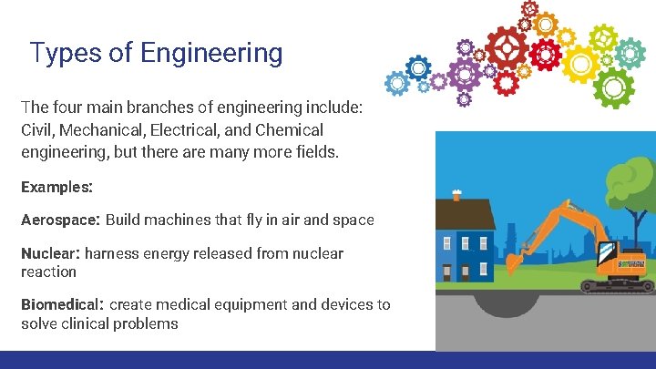 Types of Engineering The four main branches of engineering include: Civil, Mechanical, Electrical, and