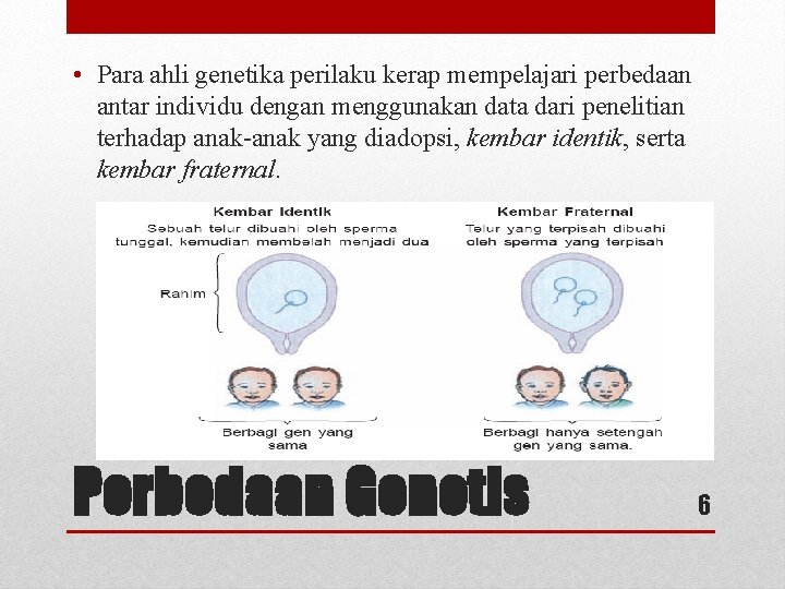  • Para ahli genetika perilaku kerap mempelajari perbedaan antar individu dengan menggunakan data