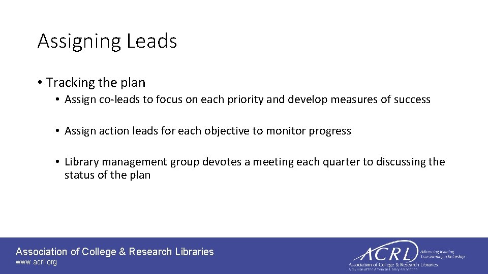 Assigning Leads • Tracking the plan • Assign co-leads to focus on each priority